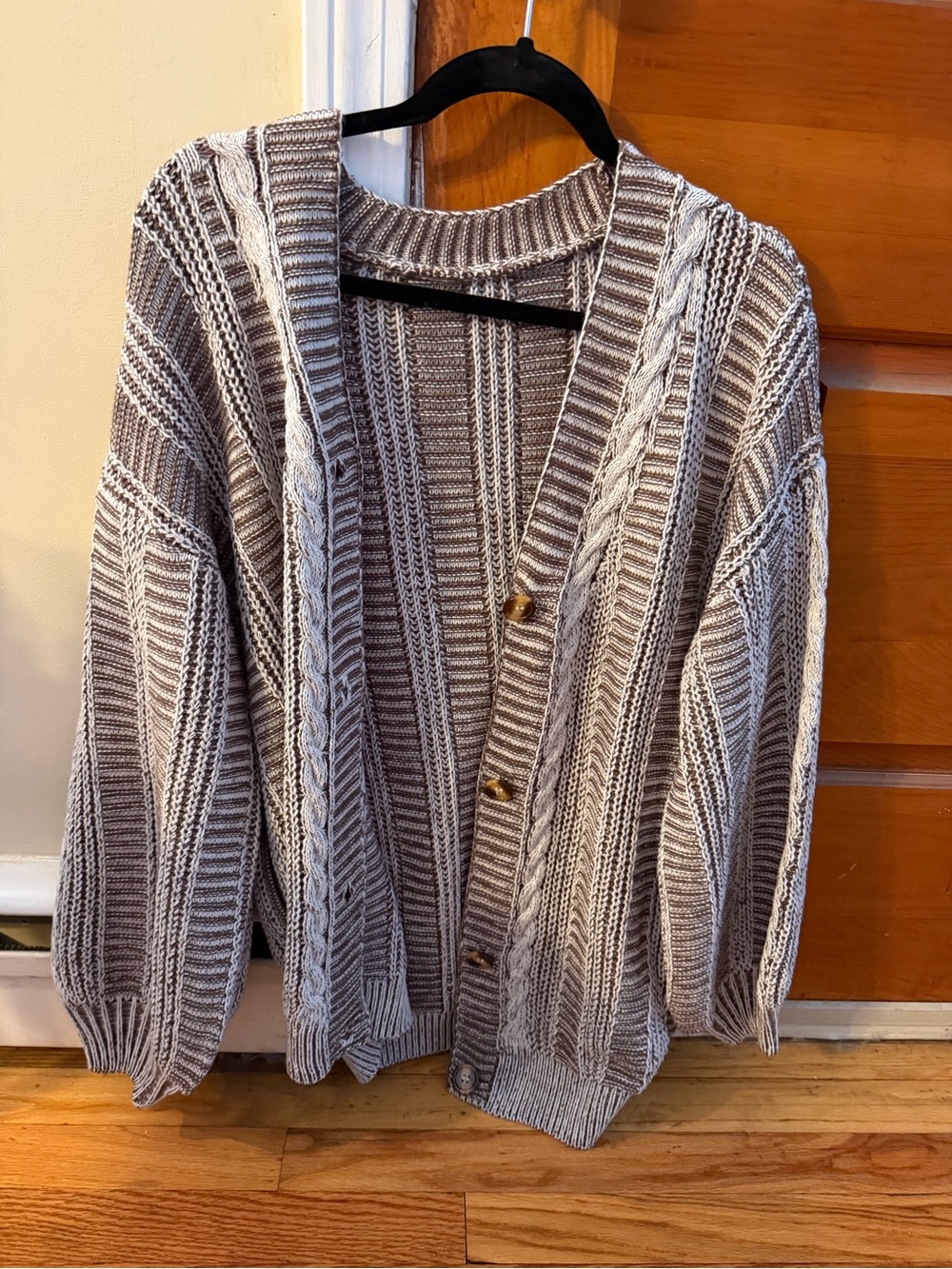 Cupshe Taupe and Cream Cable-Stripe Button Cardigan